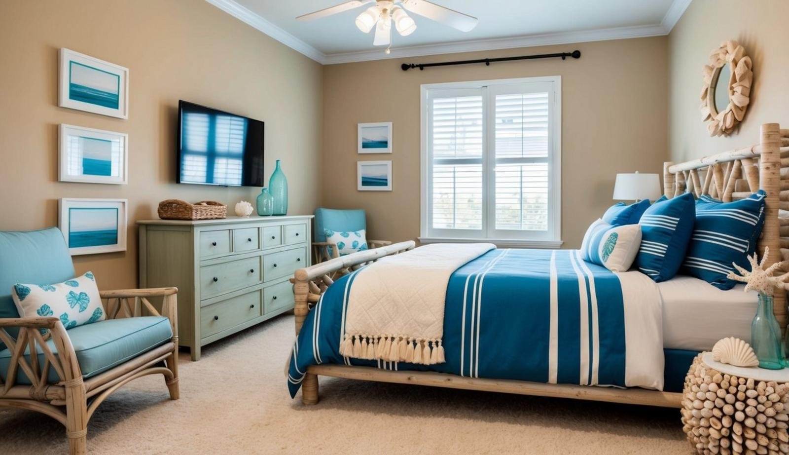 A bedroom with sandy beige walls, seafoam green accents, and driftwood furniture. Blue and white striped bedding and seashell decor complete the coastal theme