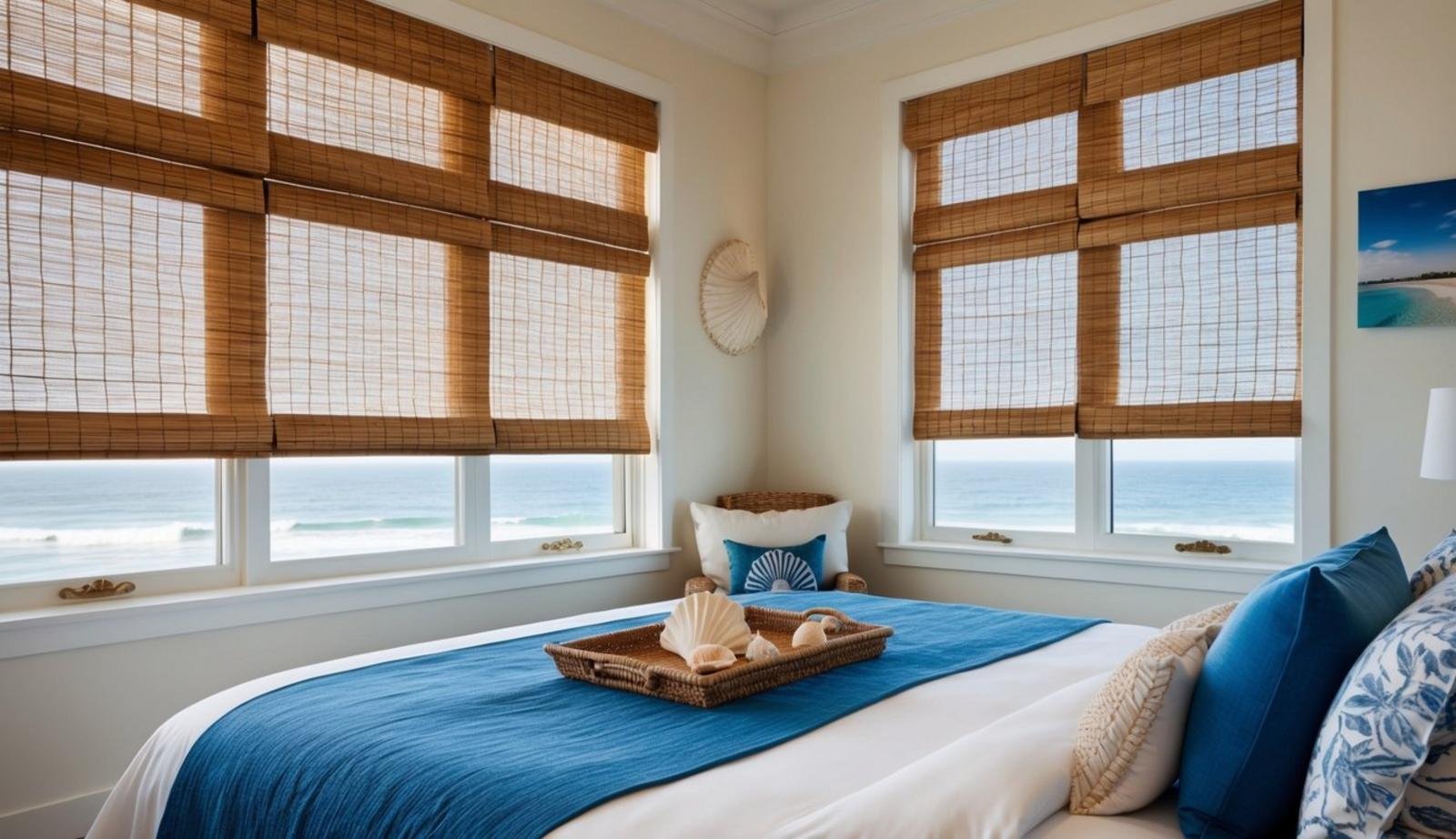 A coastal bedroom with bamboo blinds, a bed with blue and white linens, seashell decor, and a view of the ocean through a window