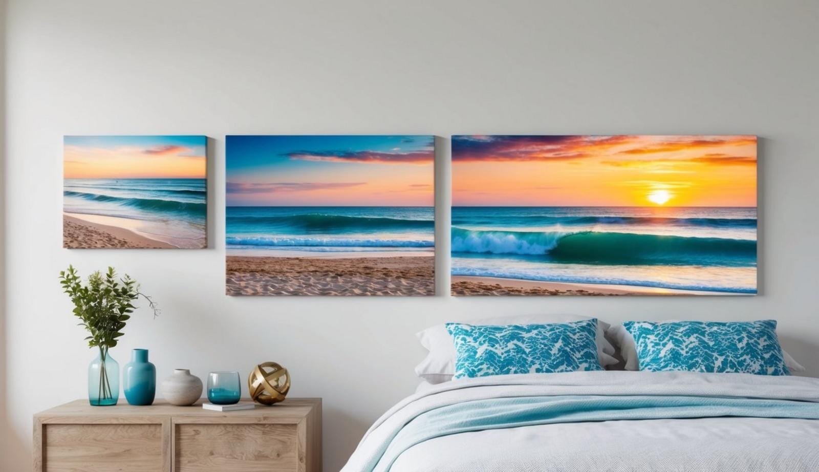 A peaceful coastal bedroom with seascape canvas prints, featuring a serene ocean view with sandy beaches, rolling waves, and a colorful sunset