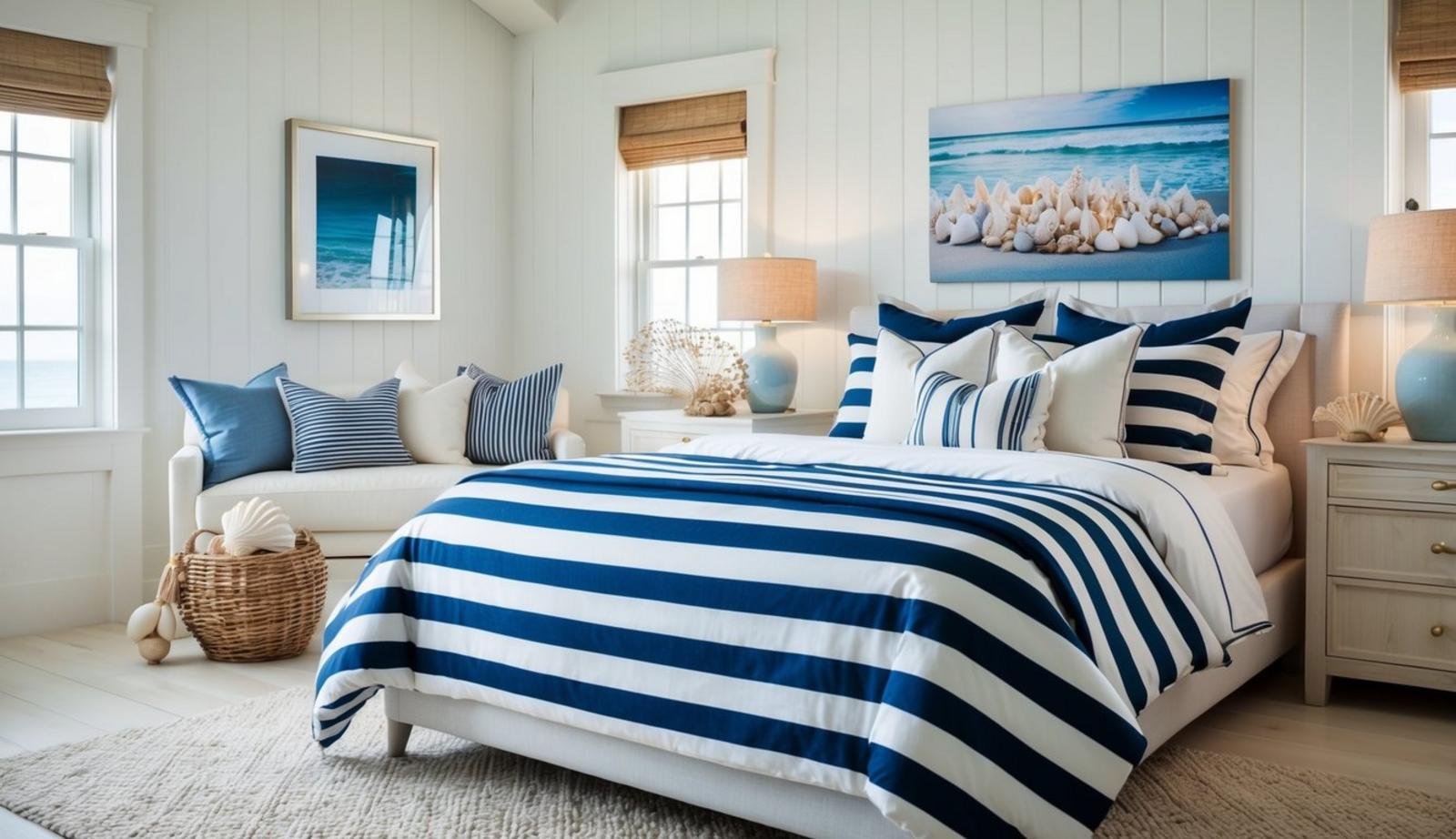 A cozy coastal bedroom with nautical striped bedding, adorned with seashell decor and ocean-inspired artwork