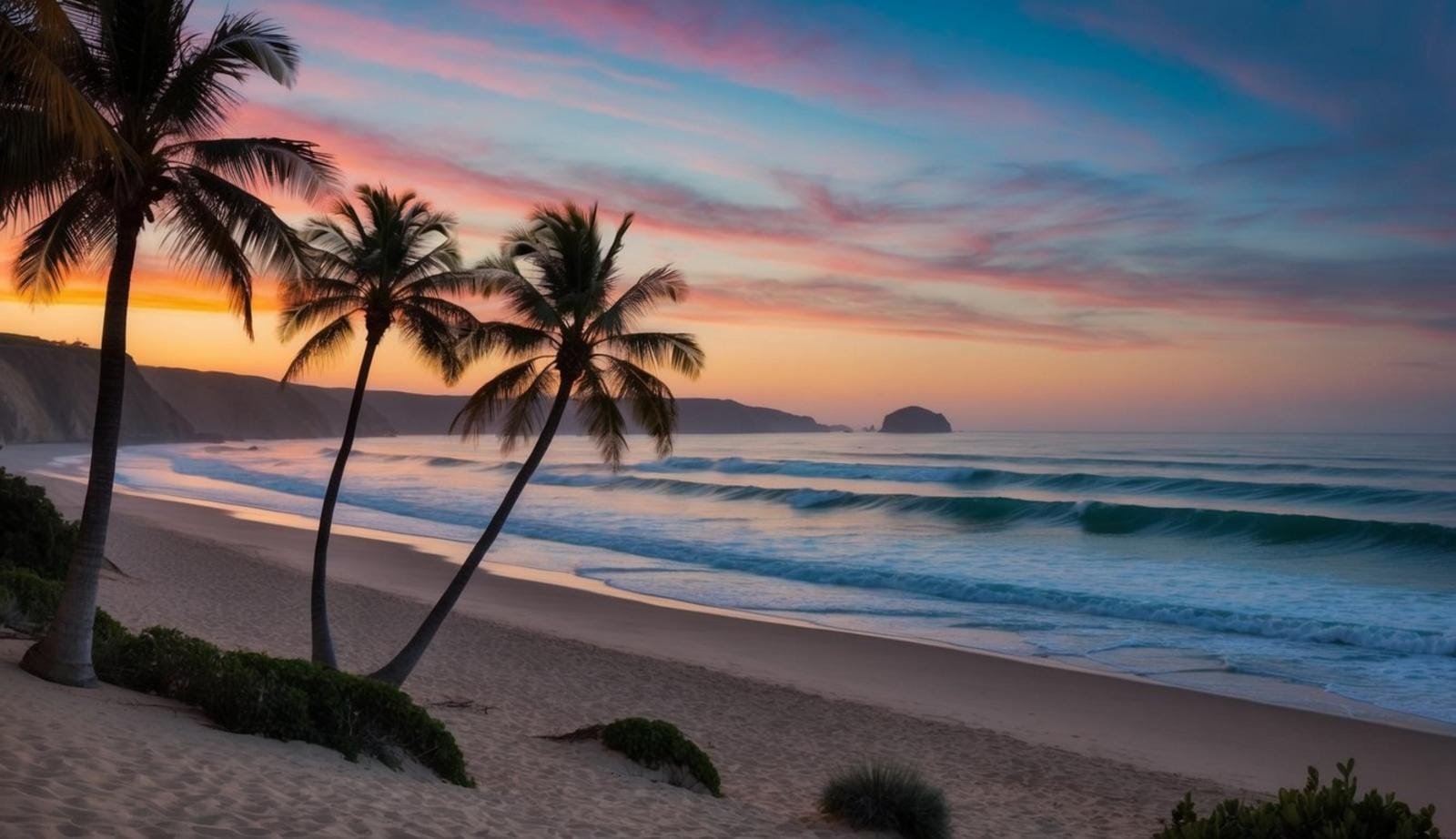 A serene coastal landscape with a sandy beach, rolling waves, and a colorful sunset sky, framed by swaying palm trees and distant cliffs