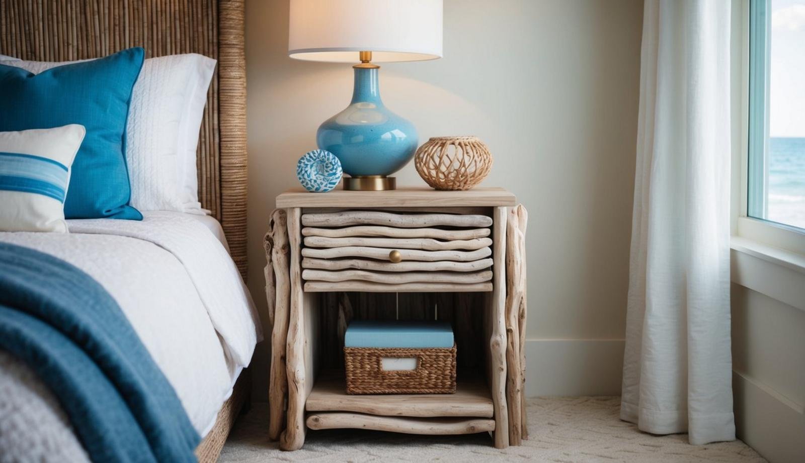 A driftwood nightstand sits beside a cozy bed in a coastal bedroom, with soft lighting and ocean-inspired decor