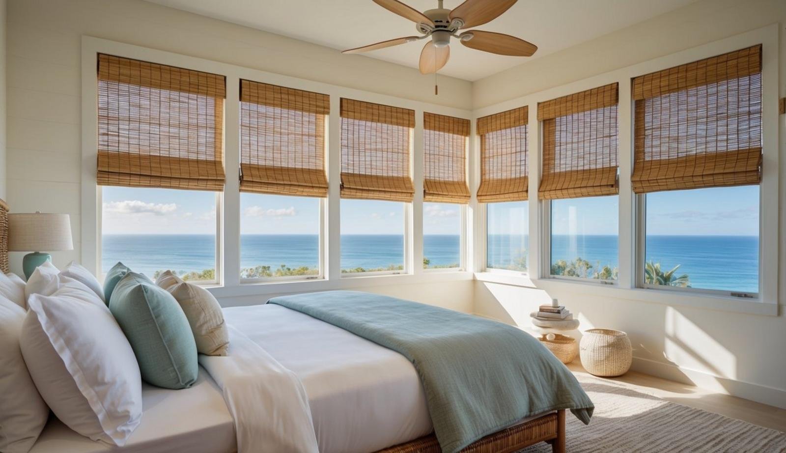 A cozy coastal bedroom with bamboo Roman shades, light and airy decor, and a view of the ocean