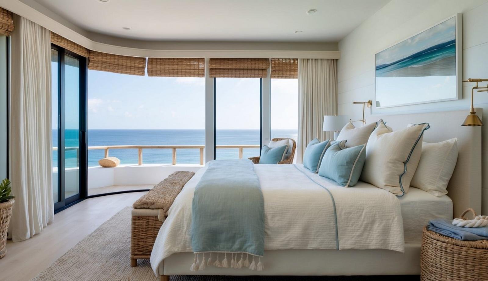 A serene coastal bedroom with light, airy colors, natural textures, and nautical accents. A large window overlooks the ocean, and a cozy bed is adorned with soft, sea-inspired linens