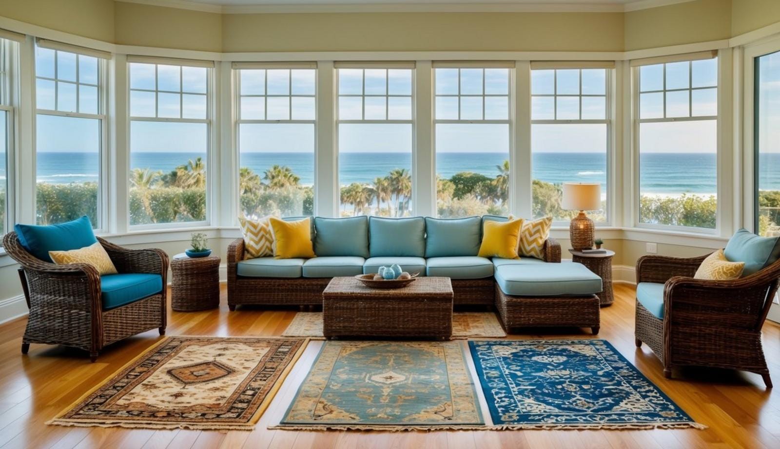 A coastal living room with 7 rugs of various sizes and patterns arranged on the hardwood floor, surrounded by wicker furniture and large windows overlooking the ocean
