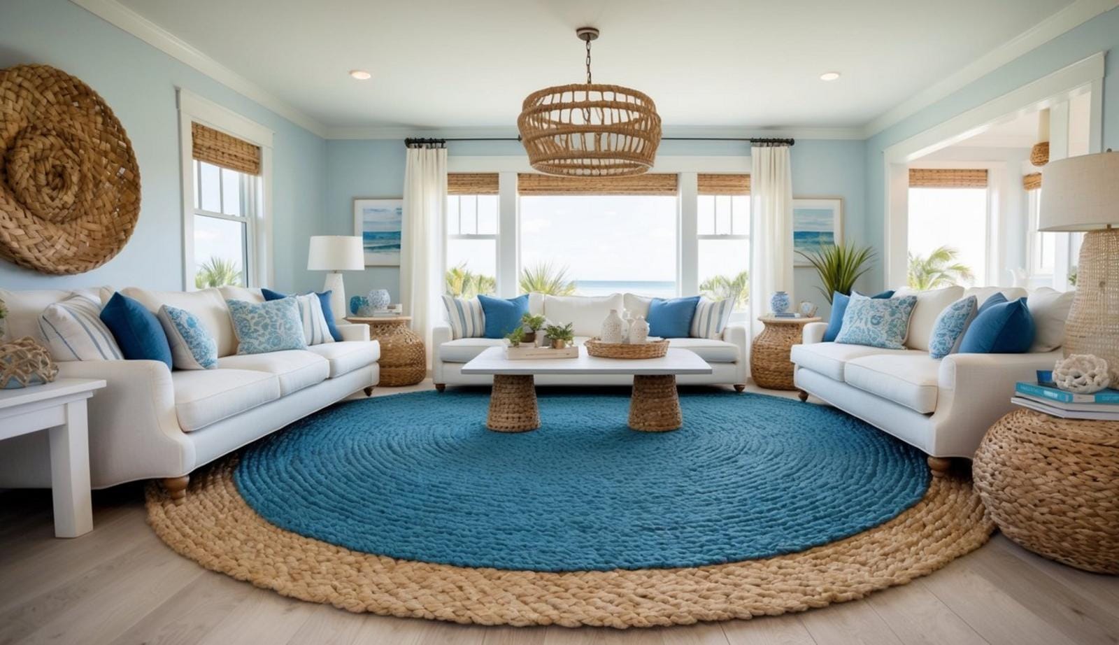 A cozy coastal living room with a large blue jute rug as the centerpiece, surrounded by other coastal-themed decor