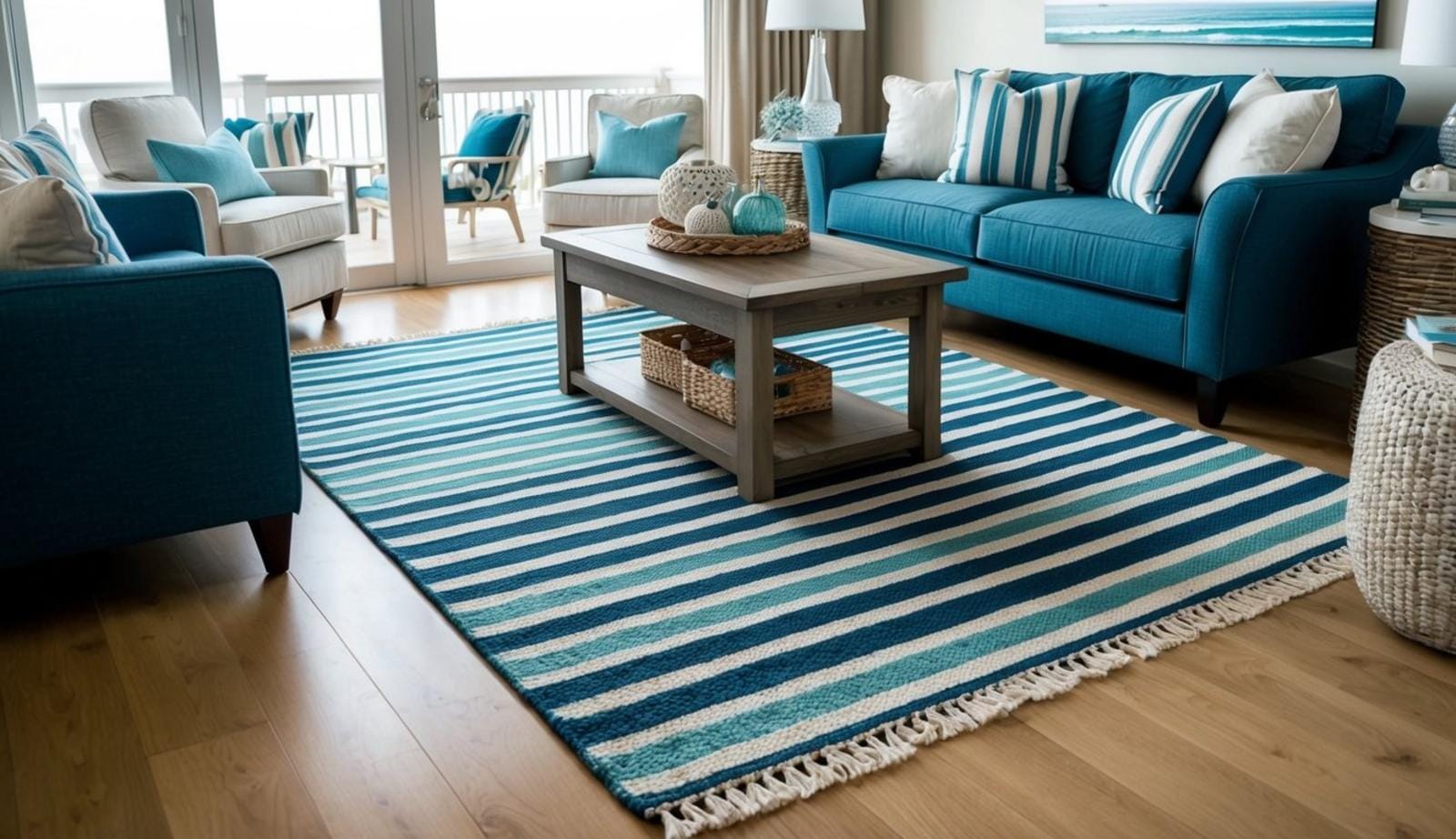 A cozy coastal living room with a Seaside Stripes Area Rug as the focal point, surrounded by comfortable furniture and ocean-inspired decor