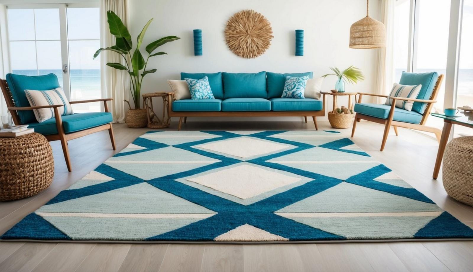A geometric rug lies in a coastal living room, surrounded by beach-themed decor and natural light streaming in from large windows
