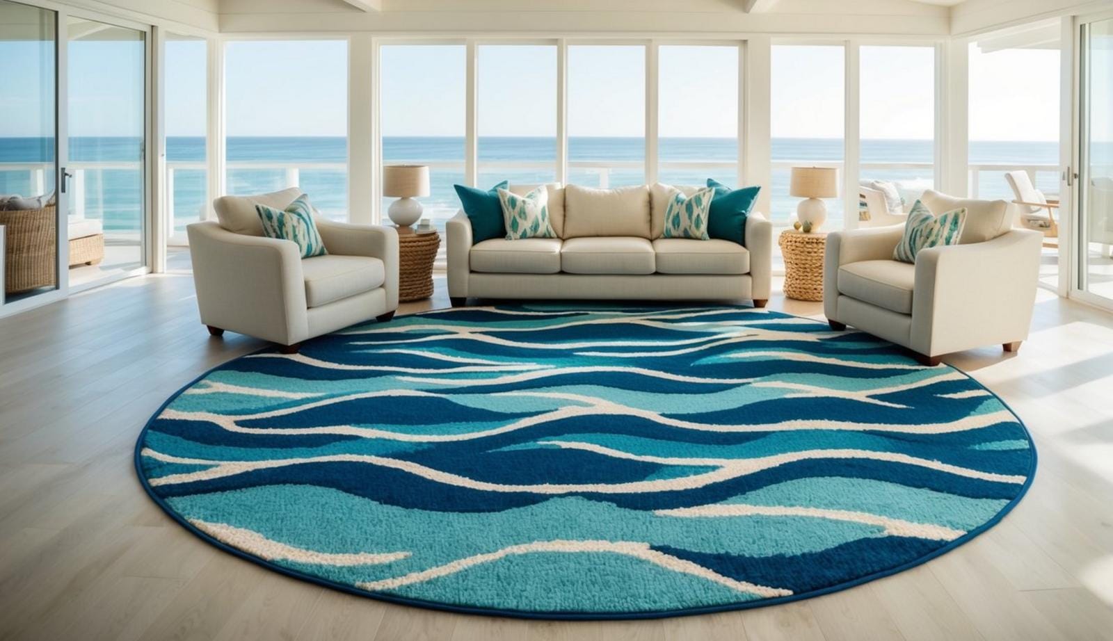 A round rug with ocean wave patterns sits in the center of a bright and airy coastal living room, surrounded by comfortable seating and large windows overlooking the sea