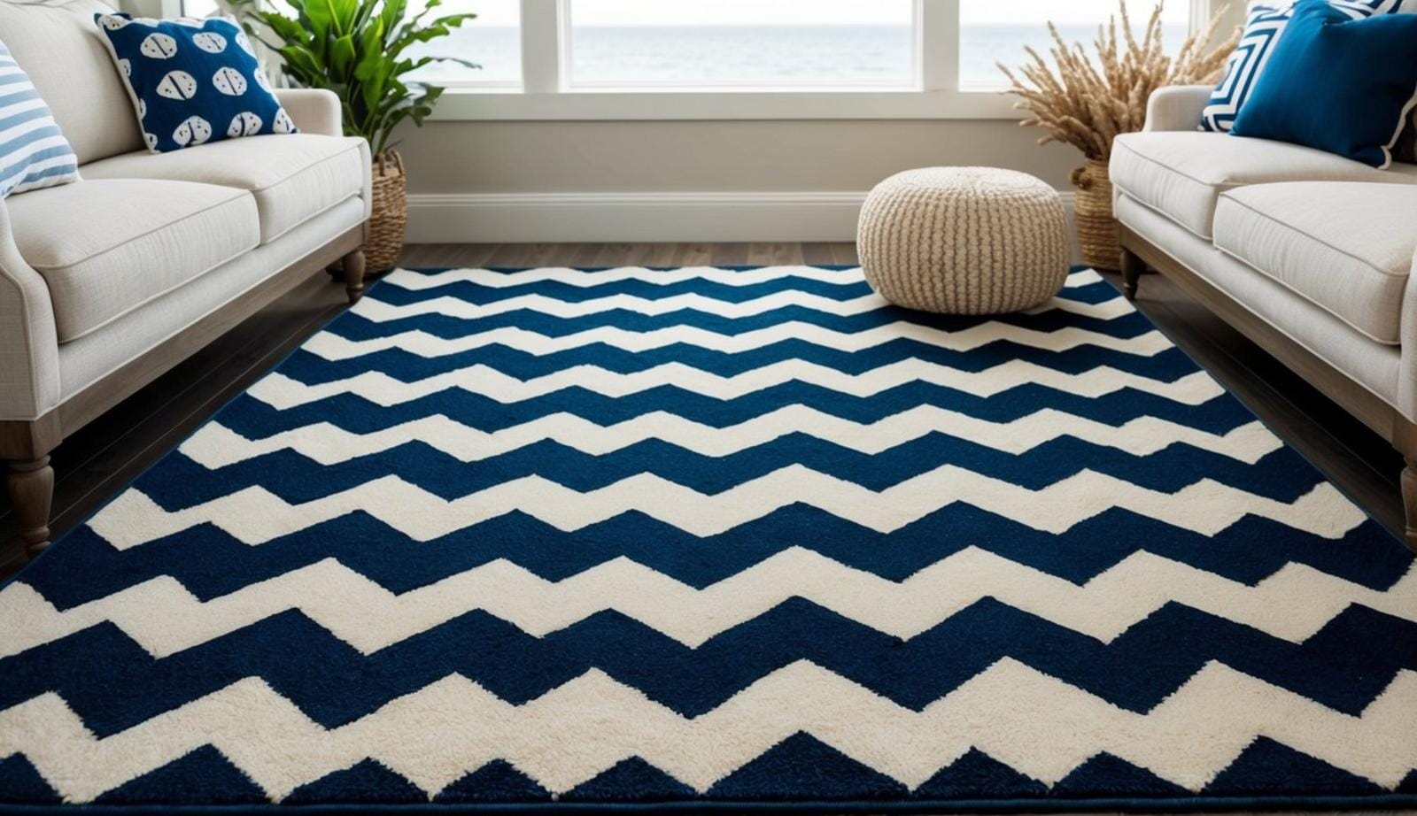 A nautical chevron pattern rug lays in a coastal living room, surrounded by 7 other rugs