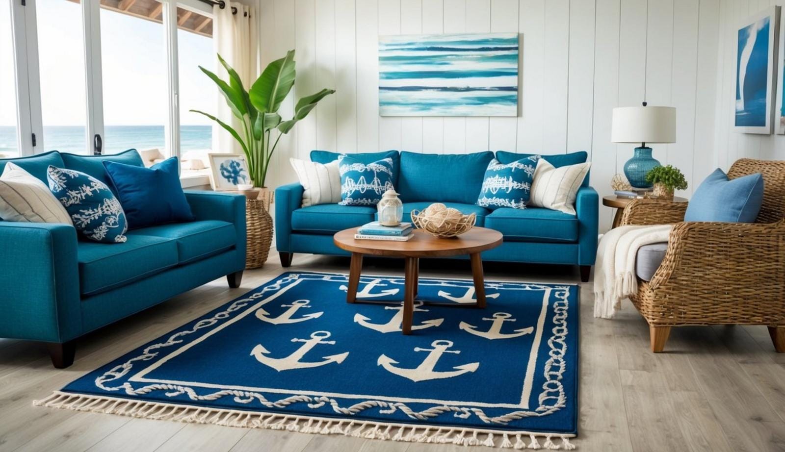 A cozy coastal living room with a printed rug featuring anchors and nautical elements, surrounded by comfortable seating and ocean-inspired decor