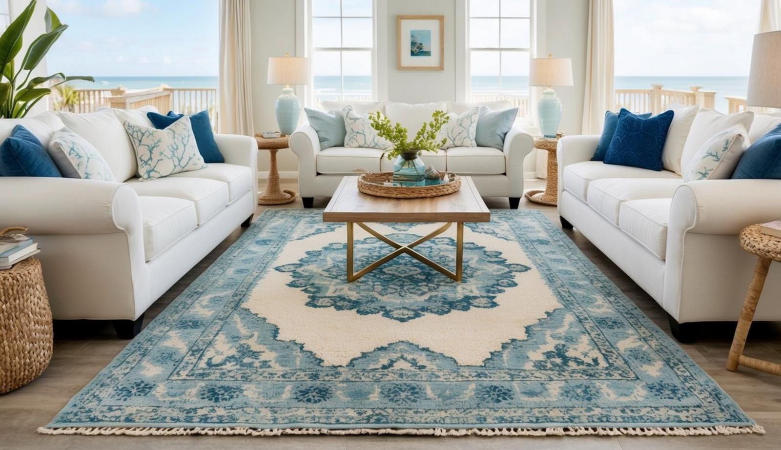 A cozy coastal living room with a Tidepool Medallion Area Rug as the centerpiece, surrounded by light and airy decor