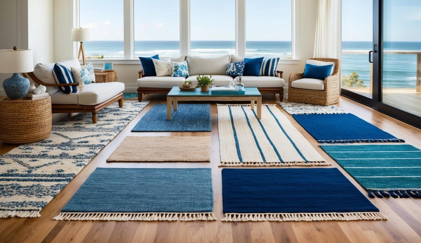 A coastal living room with 7 rugs, featuring a mix of blue, white, and beige tones, scattered across a hardwood floor with ocean-themed decor and large windows overlooking the sea