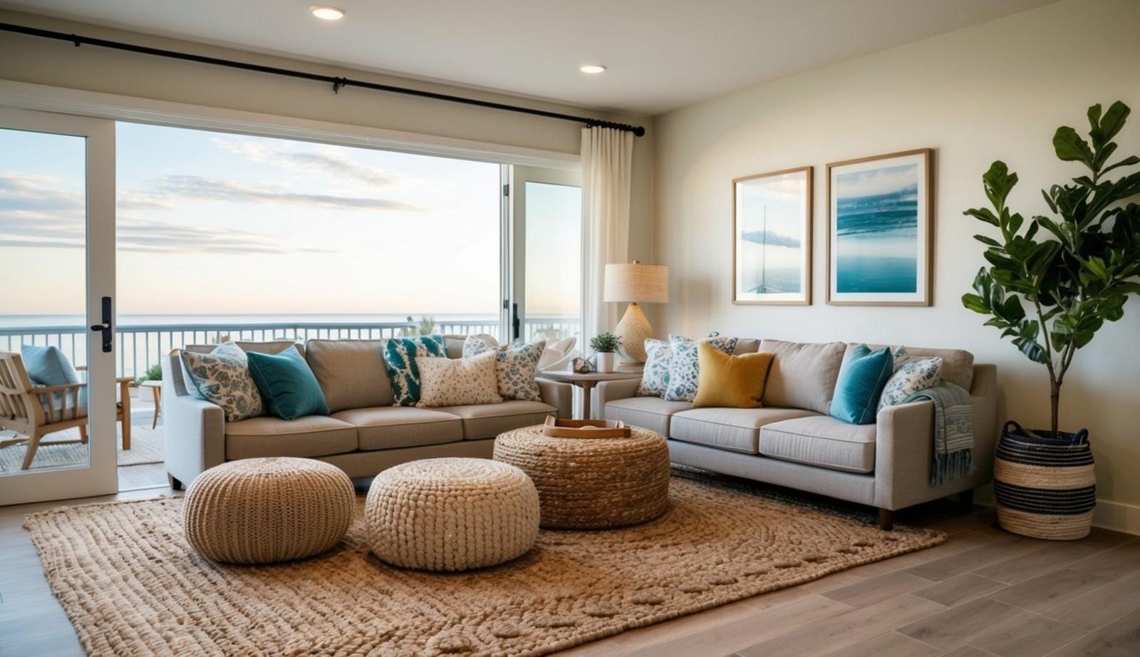 A cozy coastal living room with 7 rugs arranged in various sizes and patterns, creating a relaxed and inviting atmosphere