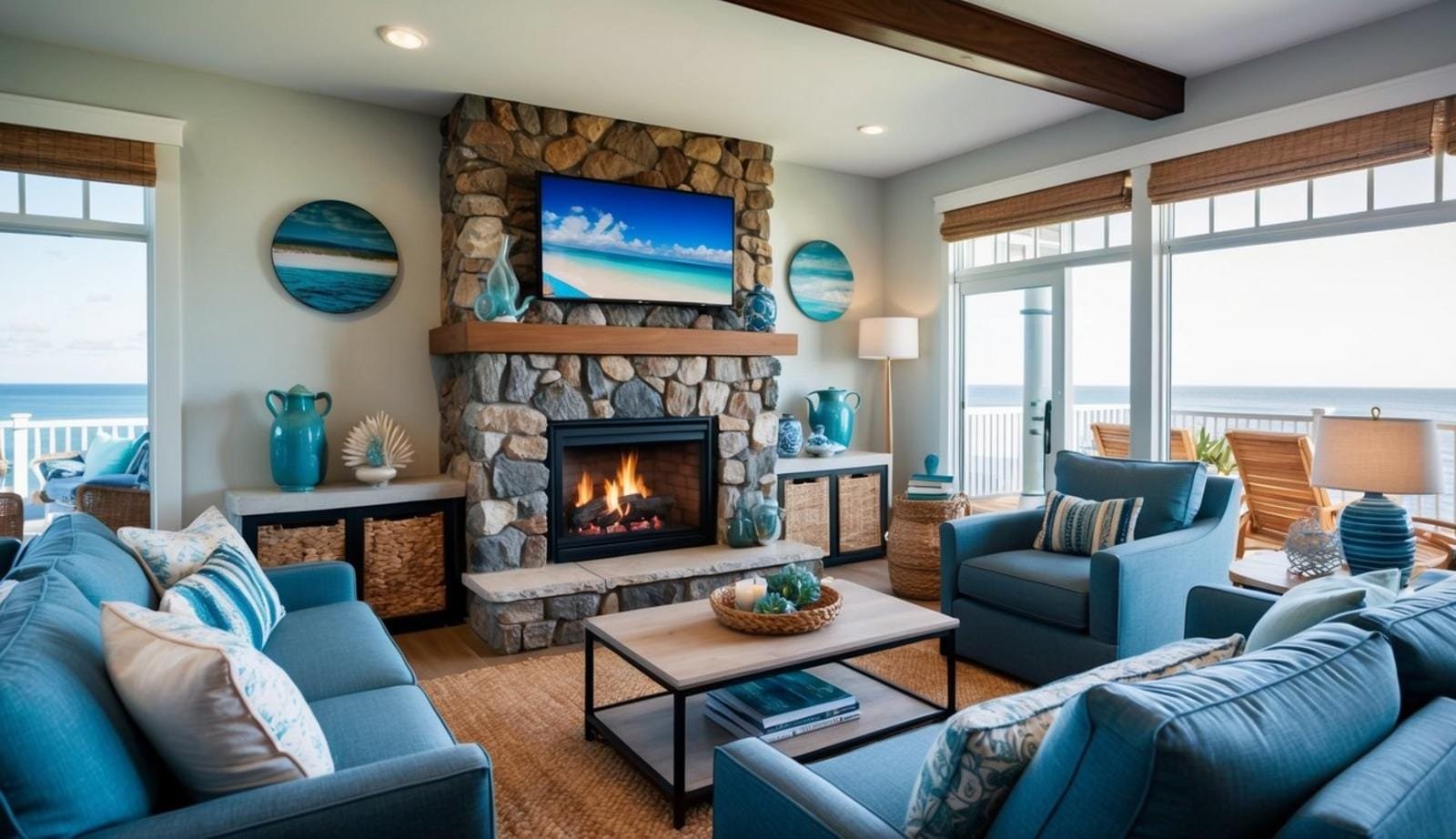 A cozy stone fireplace sits in a coastal living room, surrounded by comfortable seating and ocean-inspired decor