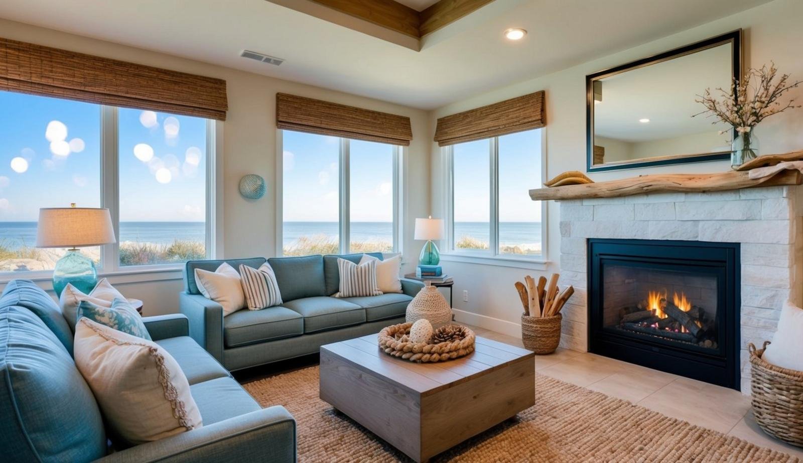 A cozy coastal living room with a fireplace adorned with driftwood mantel accent