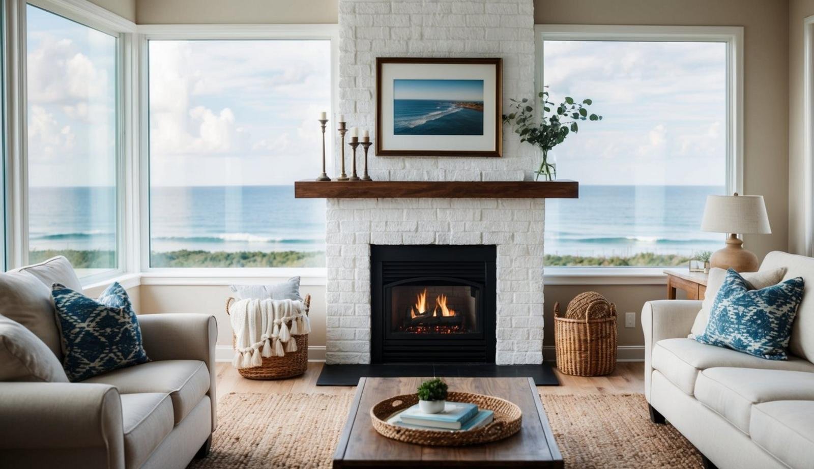 A cozy coastal living room with a white brick hearth, overlooking the seaside, with a fireplace as the focal point