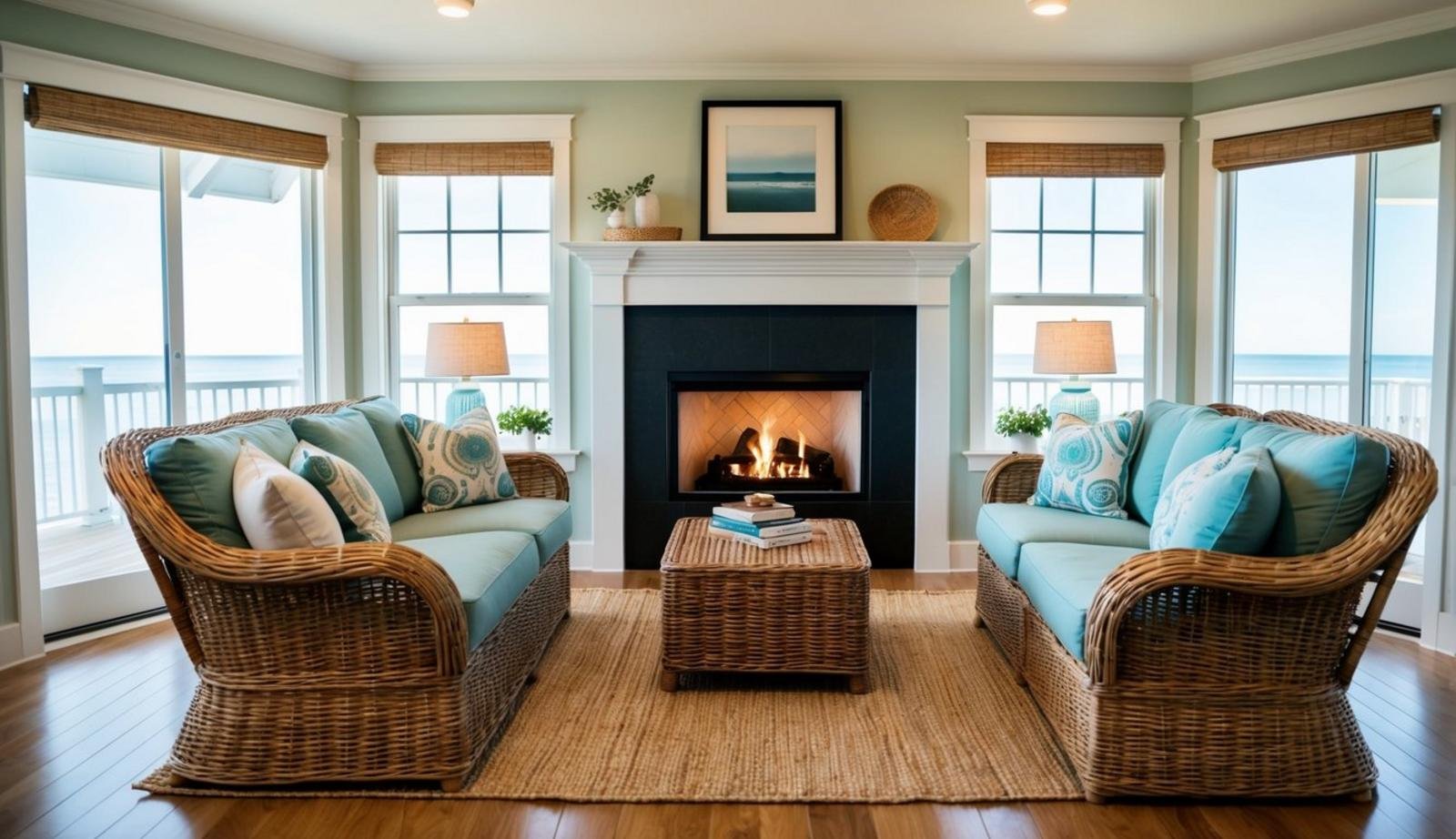 A cozy coastal living room with wicker furniture pairing, centered around a fireplace