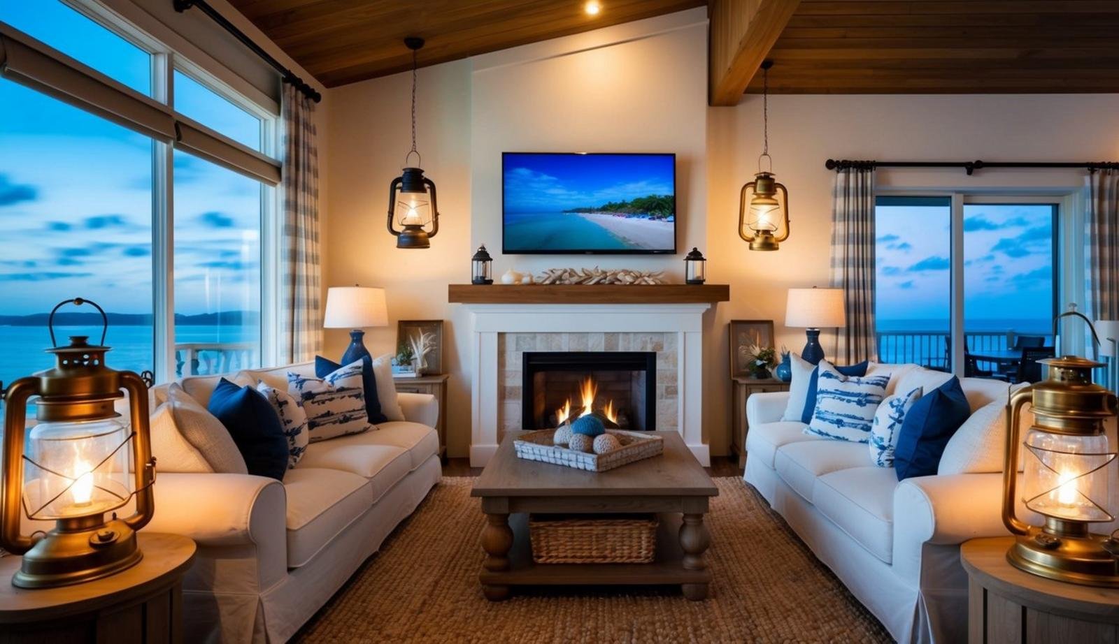 A cozy coastal living room with a fireplace, adorned with vintage nautical lanterns