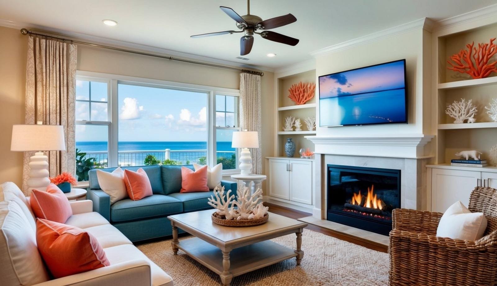A coastal living room with coral decor accents and a fireplace