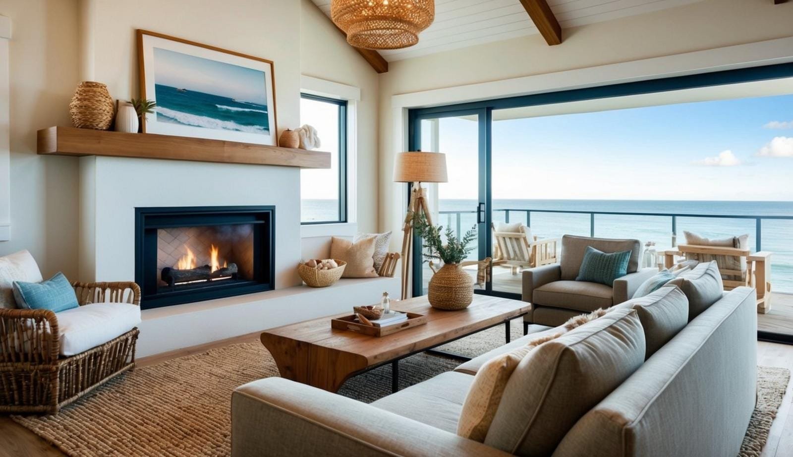 A cozy coastal living room with a fireplace, natural materials, and ocean-inspired decor