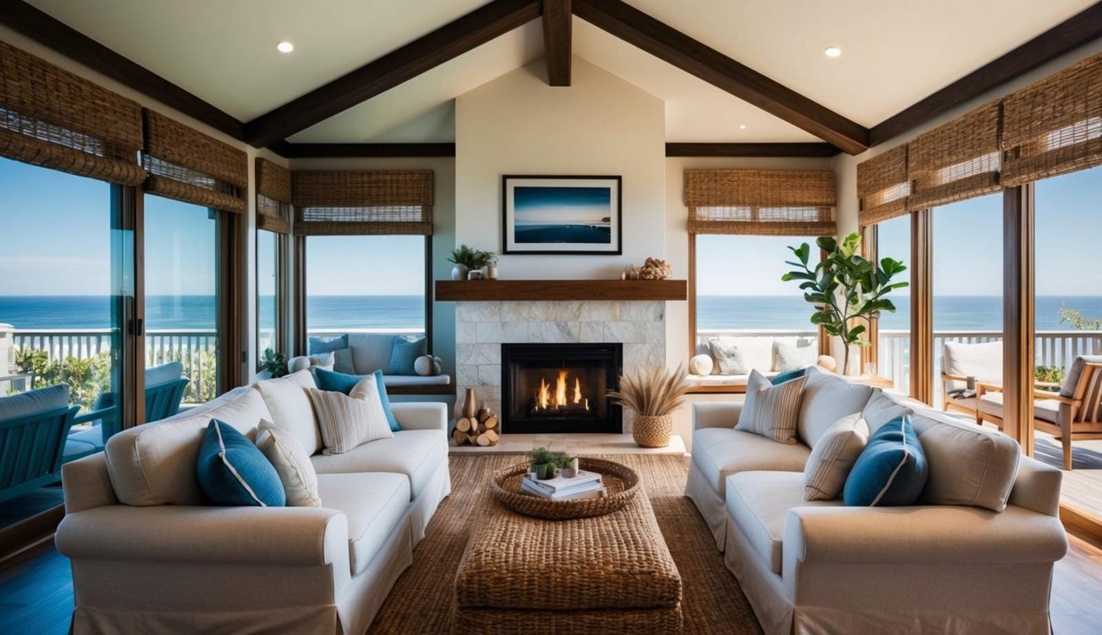 A cozy coastal living room with a fireplace as the focal point, surrounded by comfortable seating, large windows showcasing ocean views, and natural decor accents