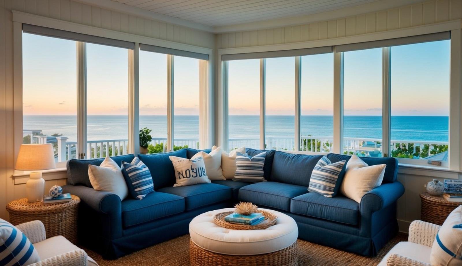 A cozy coastal living room with a large, comfortable sofa, surrounded by nautical decor and a view of the ocean through a large window