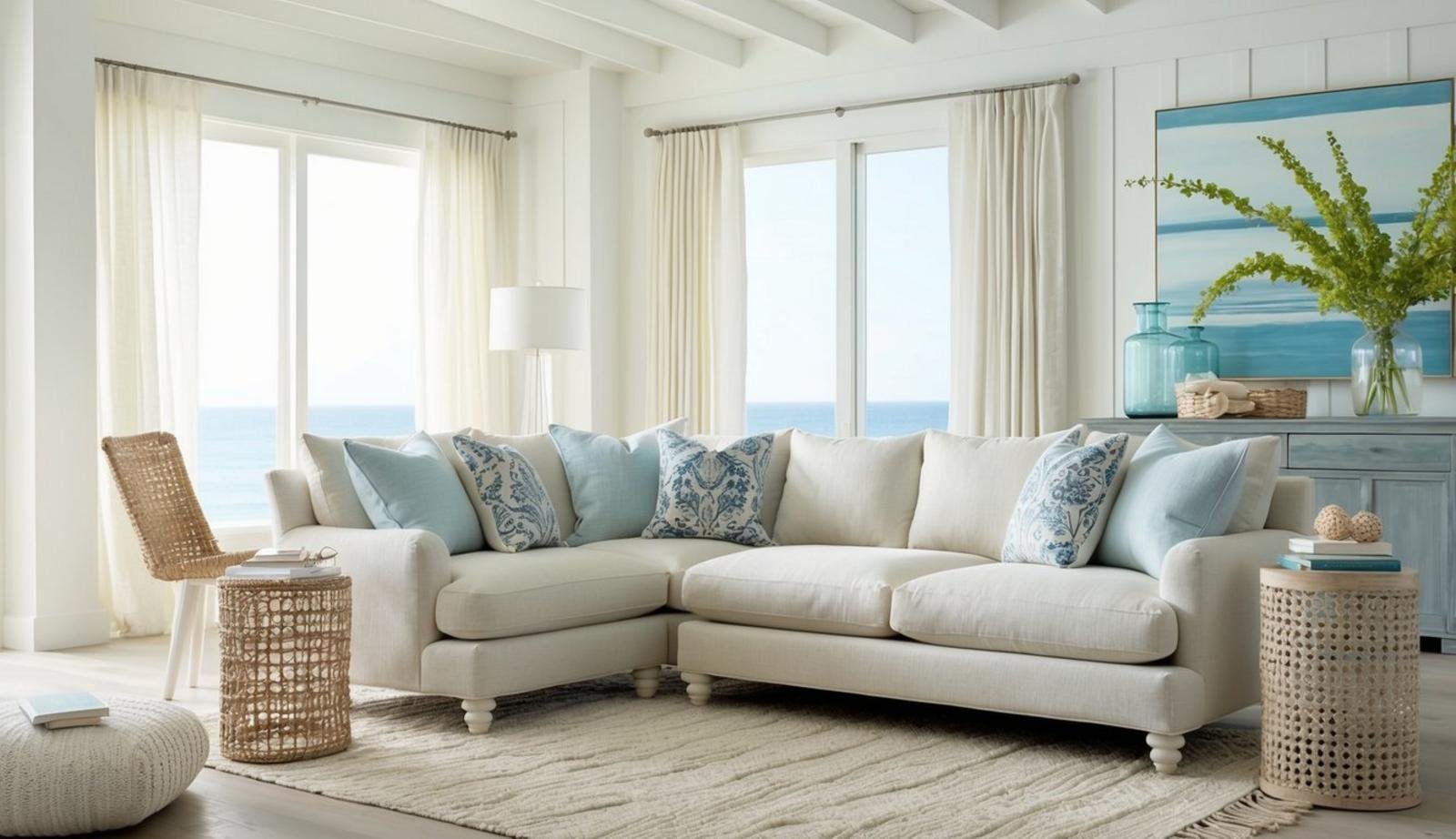 A coastal living room with a Crate & Barrel Lounge II Sofa as the focal point, surrounded by light and airy decor, including natural textures and beach-inspired accents