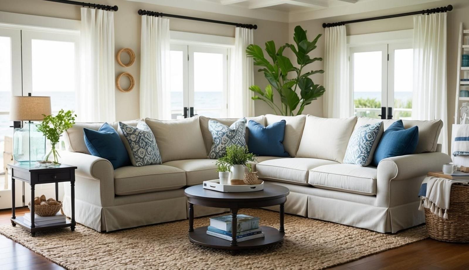 A cozy living room with a Pottery Barn Cameron Roll Arm Sofa surrounded by coastal decor and natural light