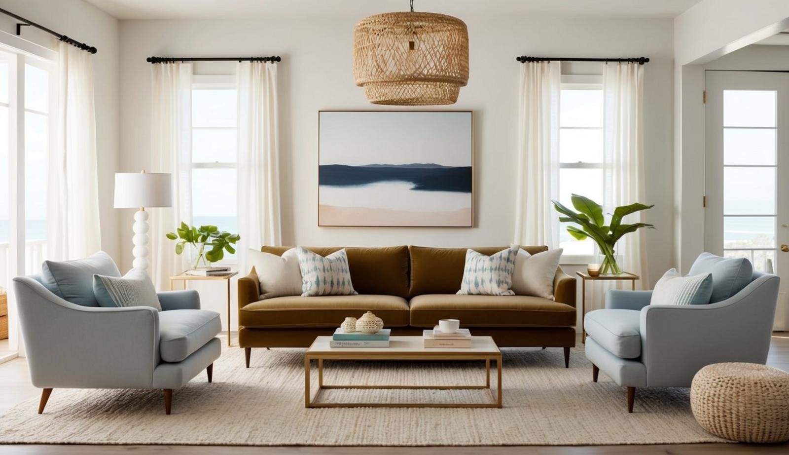 A cozy coastal living room with a CB2 Piazza Velvet Sofa as the focal point, surrounded by light and airy decor