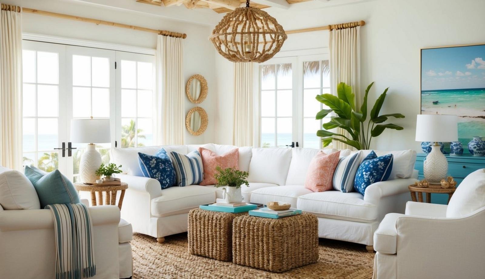 A cozy coastal living room with the Serena & Lily Miramar Sofa as the centerpiece, surrounded by coastal decor and natural light
