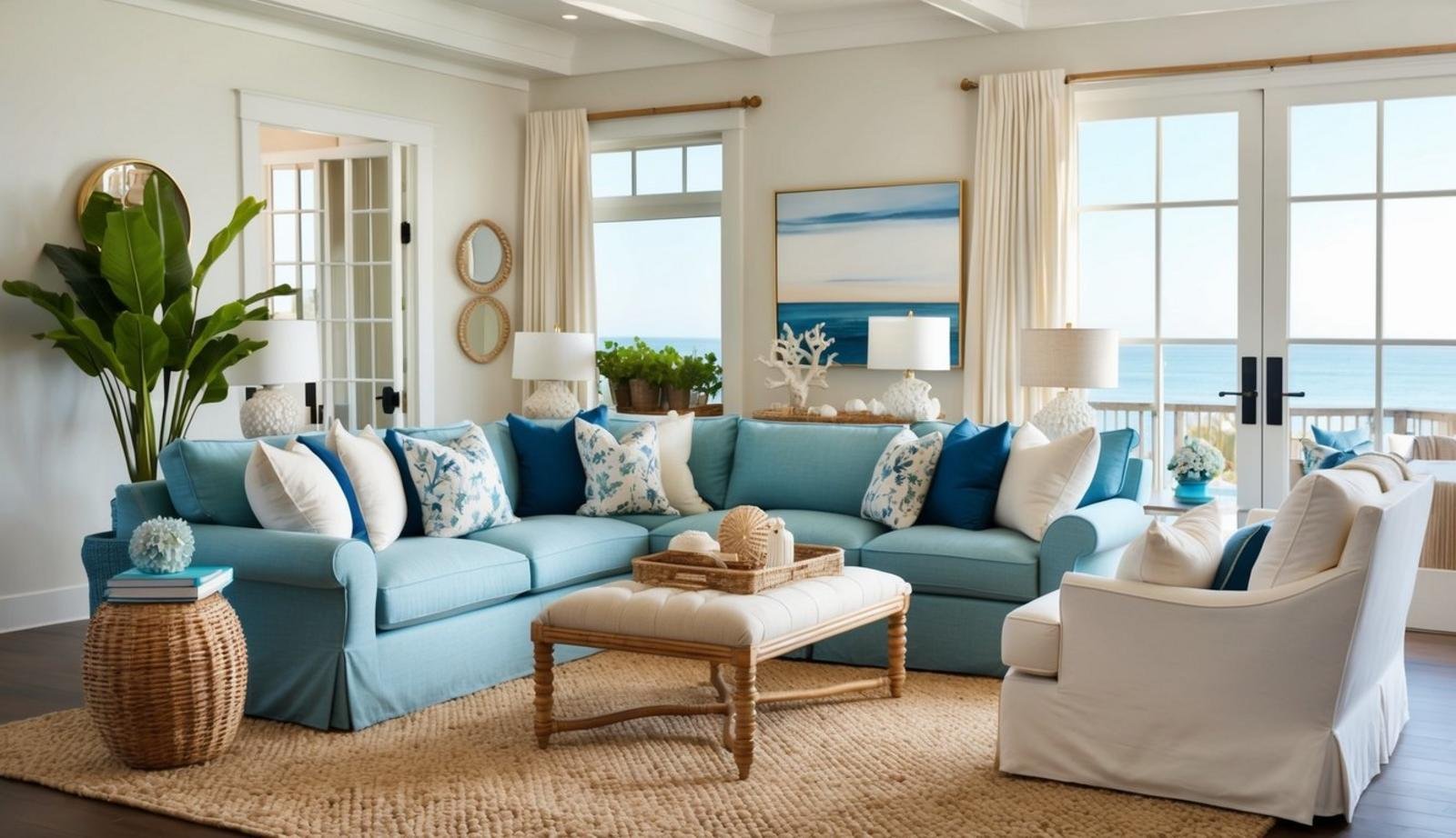 A cozy coastal living room with a Houzz Chatham Deep Sofa as the focal point, surrounded by beach-inspired decor and natural light