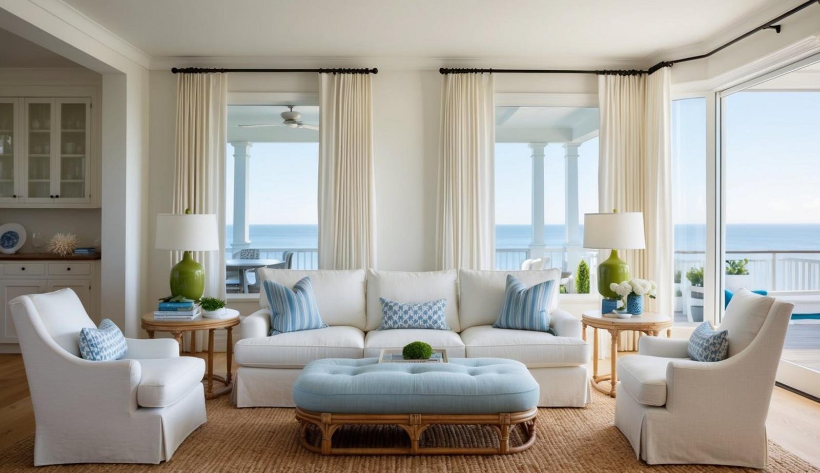 A coastal living room with a Restoration Hardware Cloud Sofa as the centerpiece, surrounded by light and airy decor