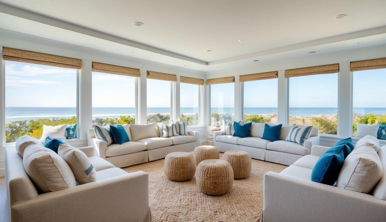 A bright, airy living room with 9 coastal-themed sofas arranged in a relaxed, inviting layout. Large windows showcase a view of the ocean, while natural textures and soft, neutral colors create a serene atmosphere