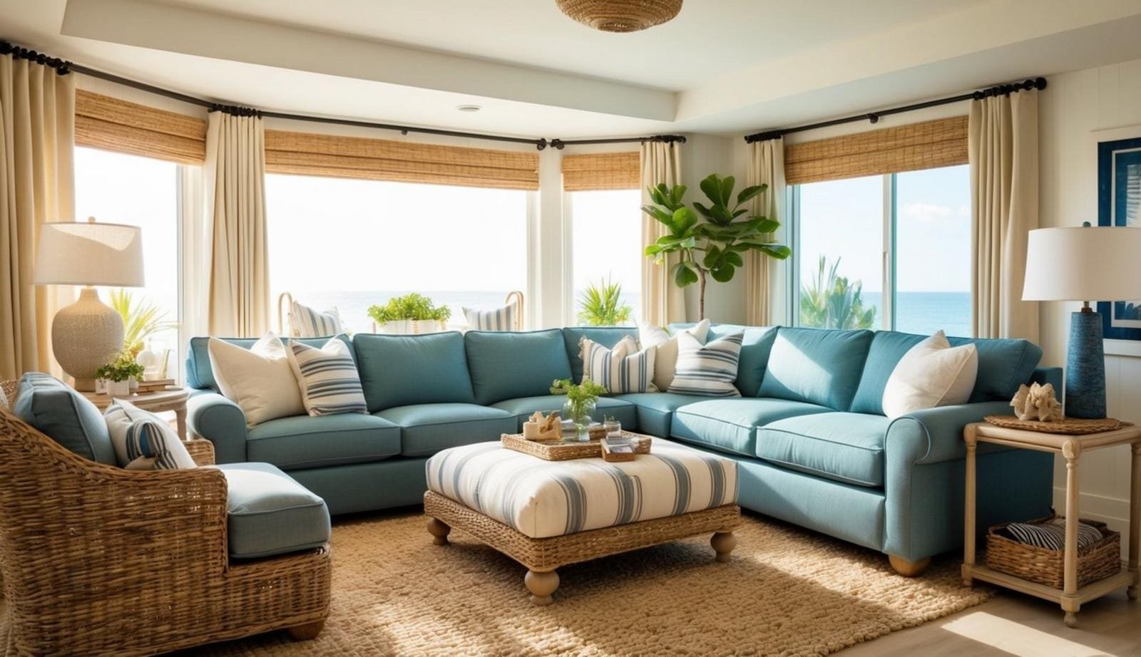 A cozy coastal living room with a large, comfortable sofa surrounded by nautical decor and natural textures, bathed in soft, natural light