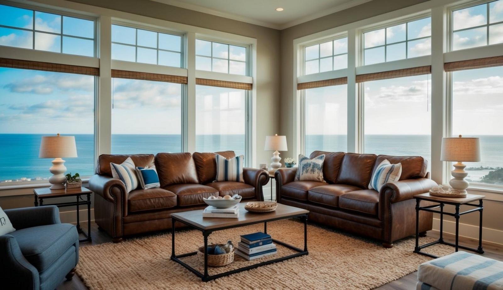 A leather couch sits in each coastal living room, surrounded by nautical decor and large windows overlooking the ocean