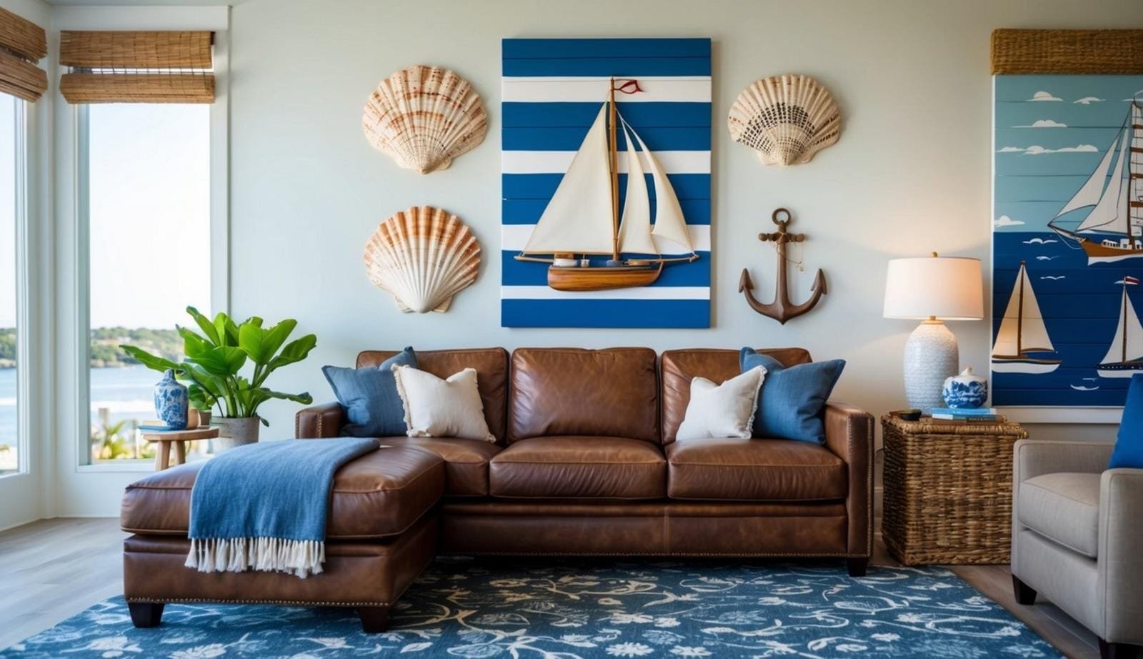 A coastal living room with a leather couch, adorned with nautical-themed wall art depicting seashells, anchors, and sailboats, evoking a maritime atmosphere