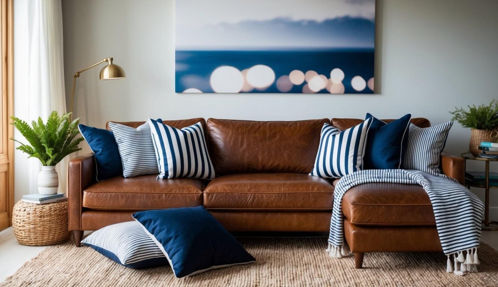A coastal living room with a leather couch adorned with navy and white striped throws