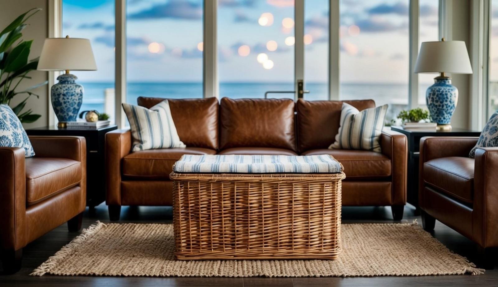 A wicker basket storage sits in 7 coastal living rooms with leather couches