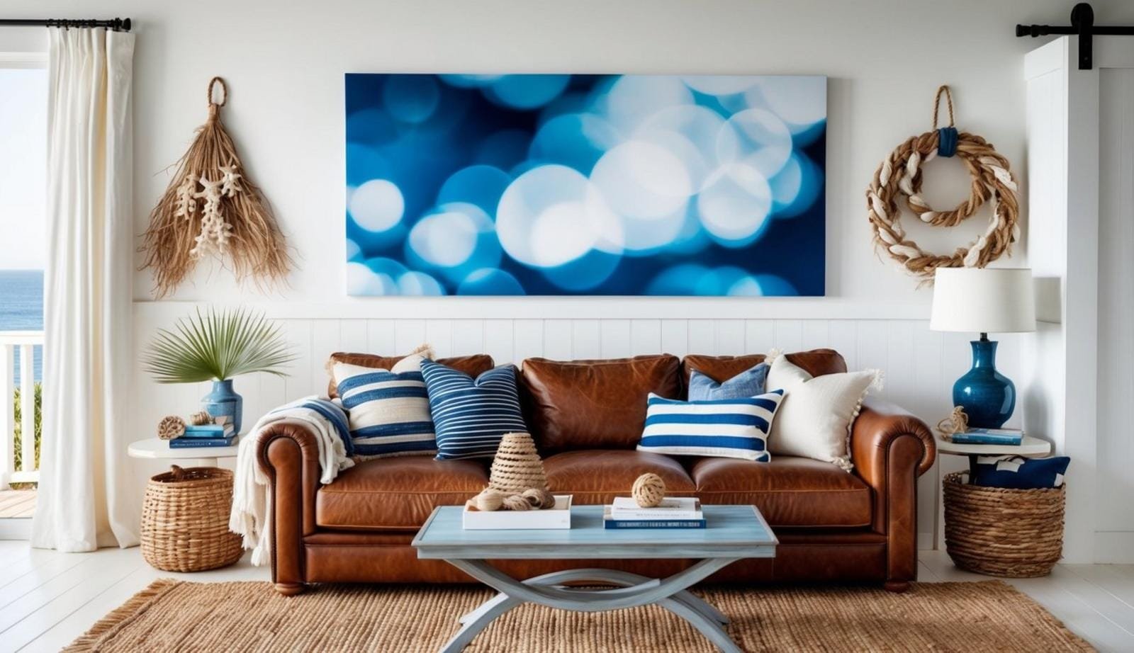 A coastal living room with a leather couch, adorned with nautical decor, natural textures, and a color palette of blues and whites