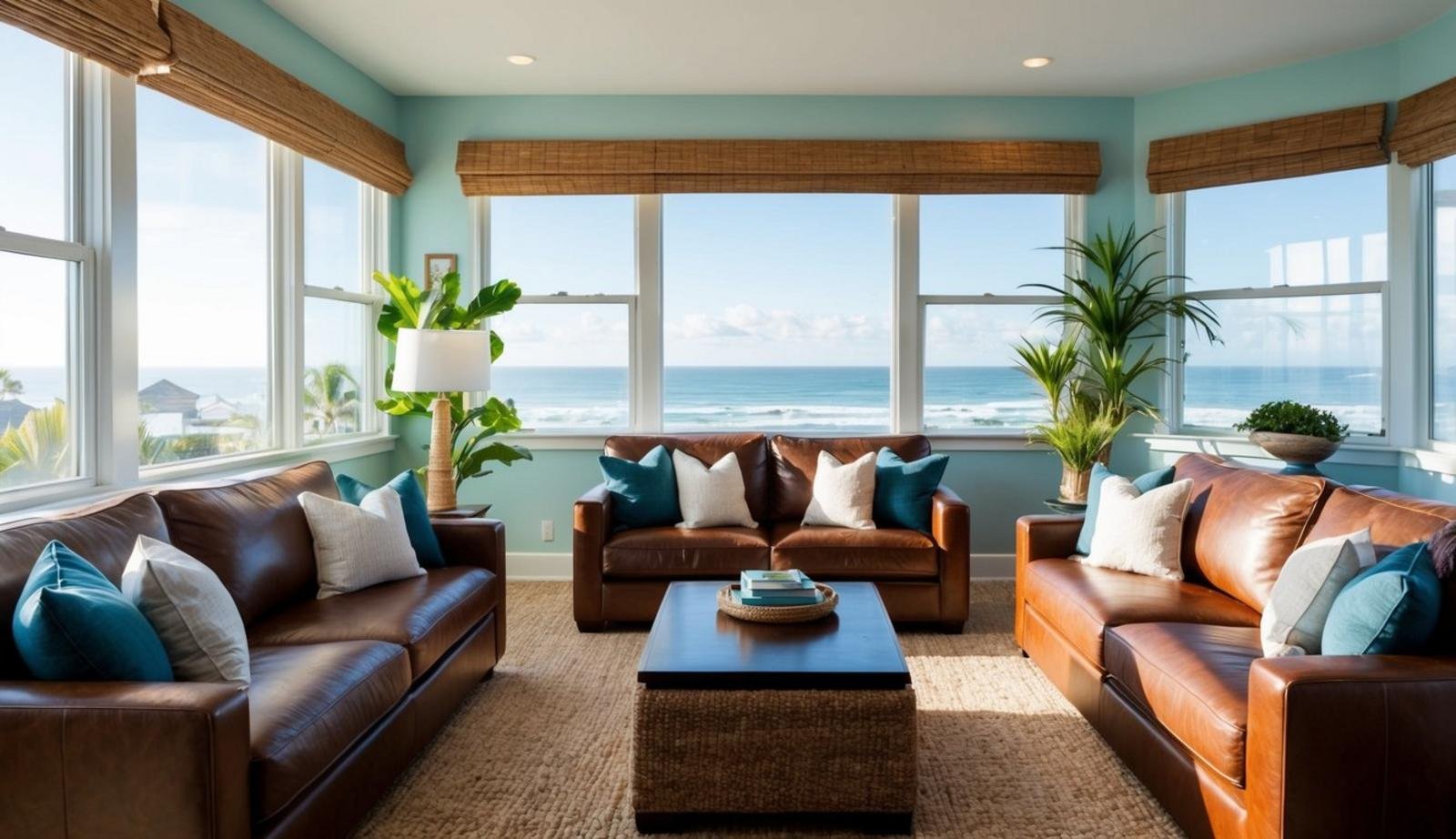 A coastal living room with leather couches, featuring ocean-inspired decor and natural light streaming in through large windows