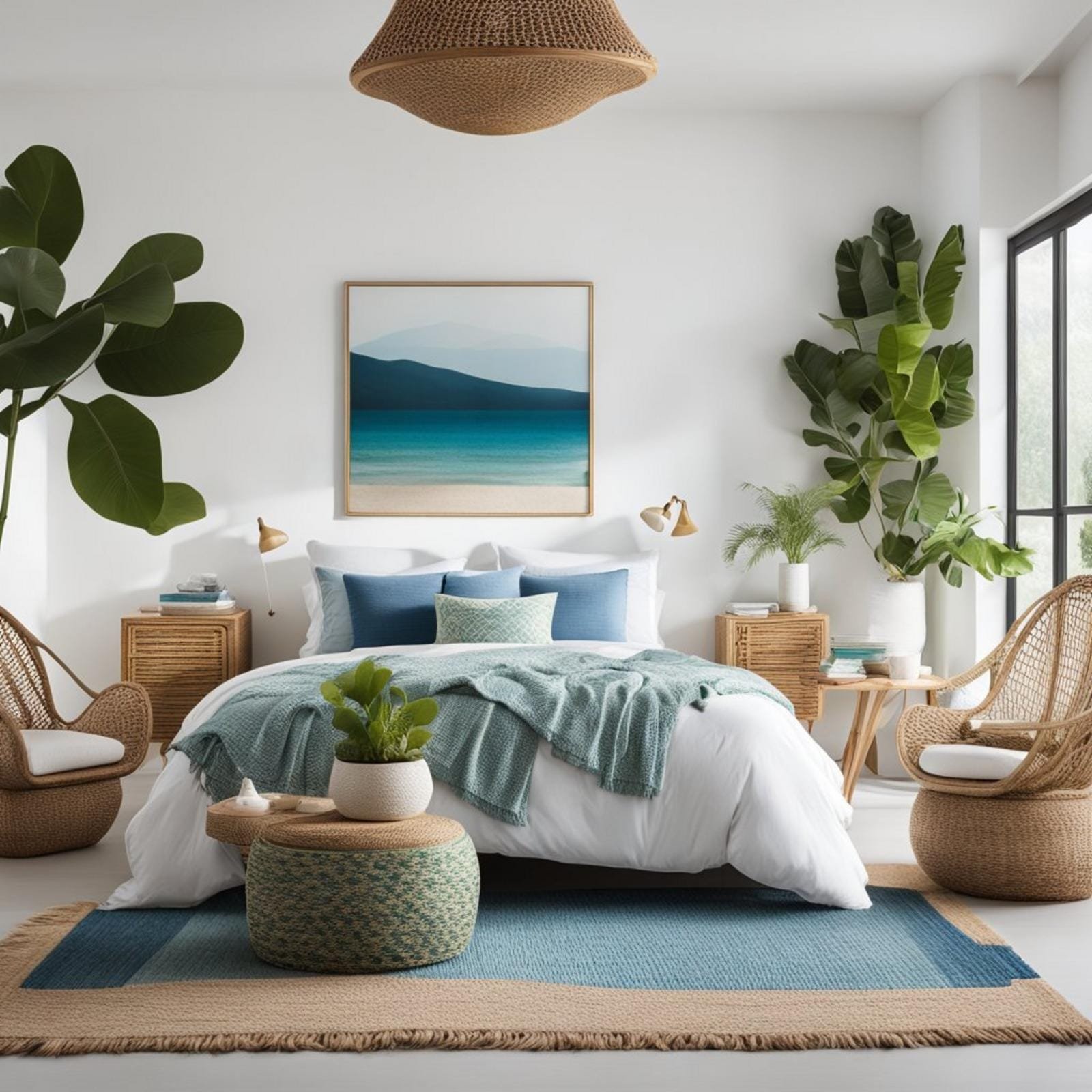 7 coastal retreat eclectic bedroom ideas (beach boho bliss) 14 An airy bedroom with mix of coastal and eclectic decor. White walls, rattan furniture, and pops of blue and green. Textured rugs and natural accents
