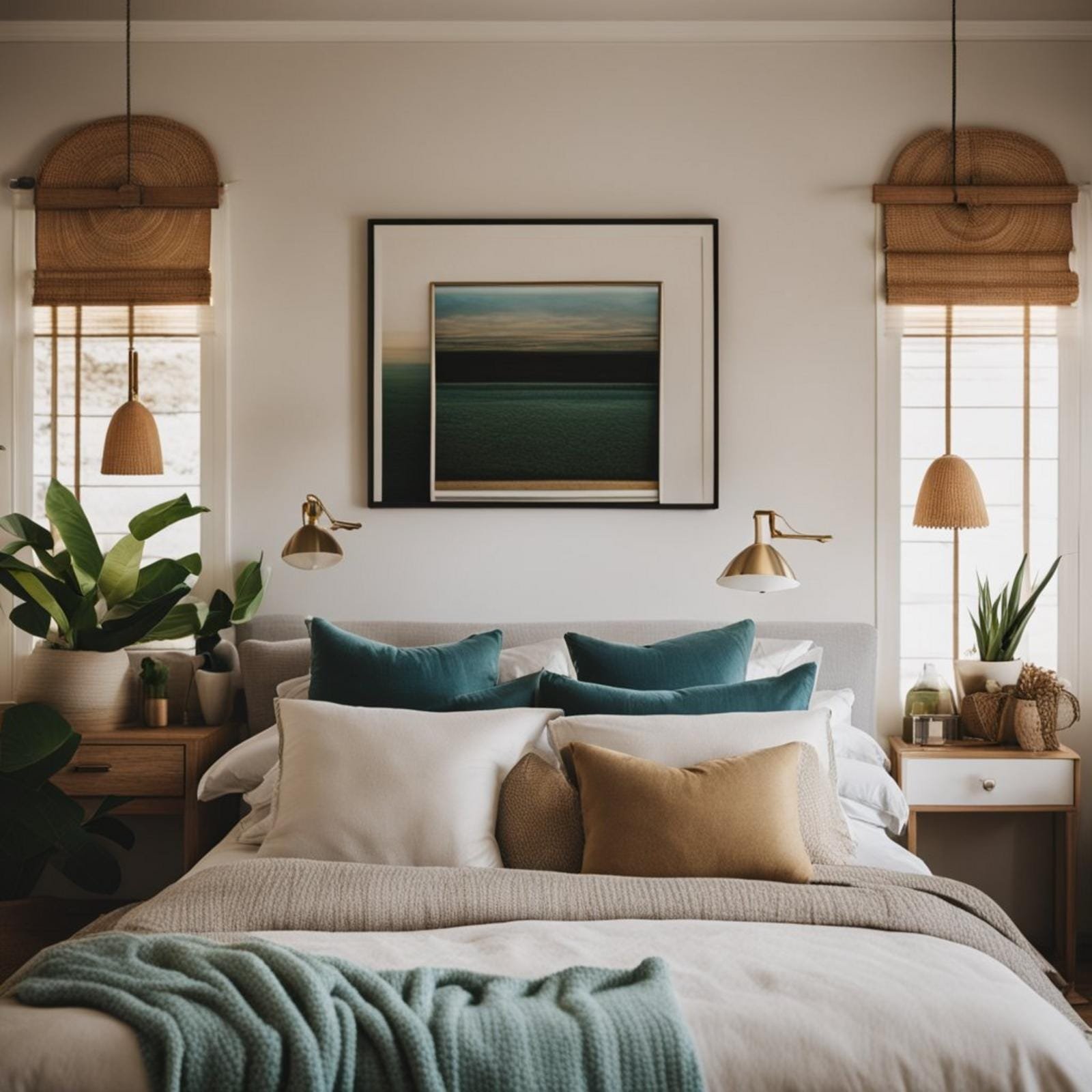 An eclectic bedroom in a coastal retreat, featuring natural materials, soft lighting, and a mix of modern and vintage decor