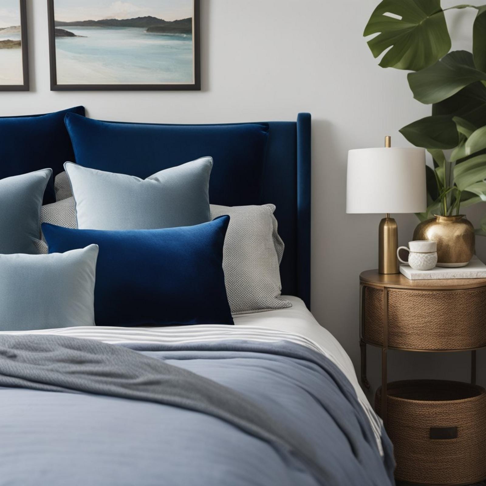 A navy blue velvet throw pillow sits on a bed in an eclectic coastal retreat bedroom