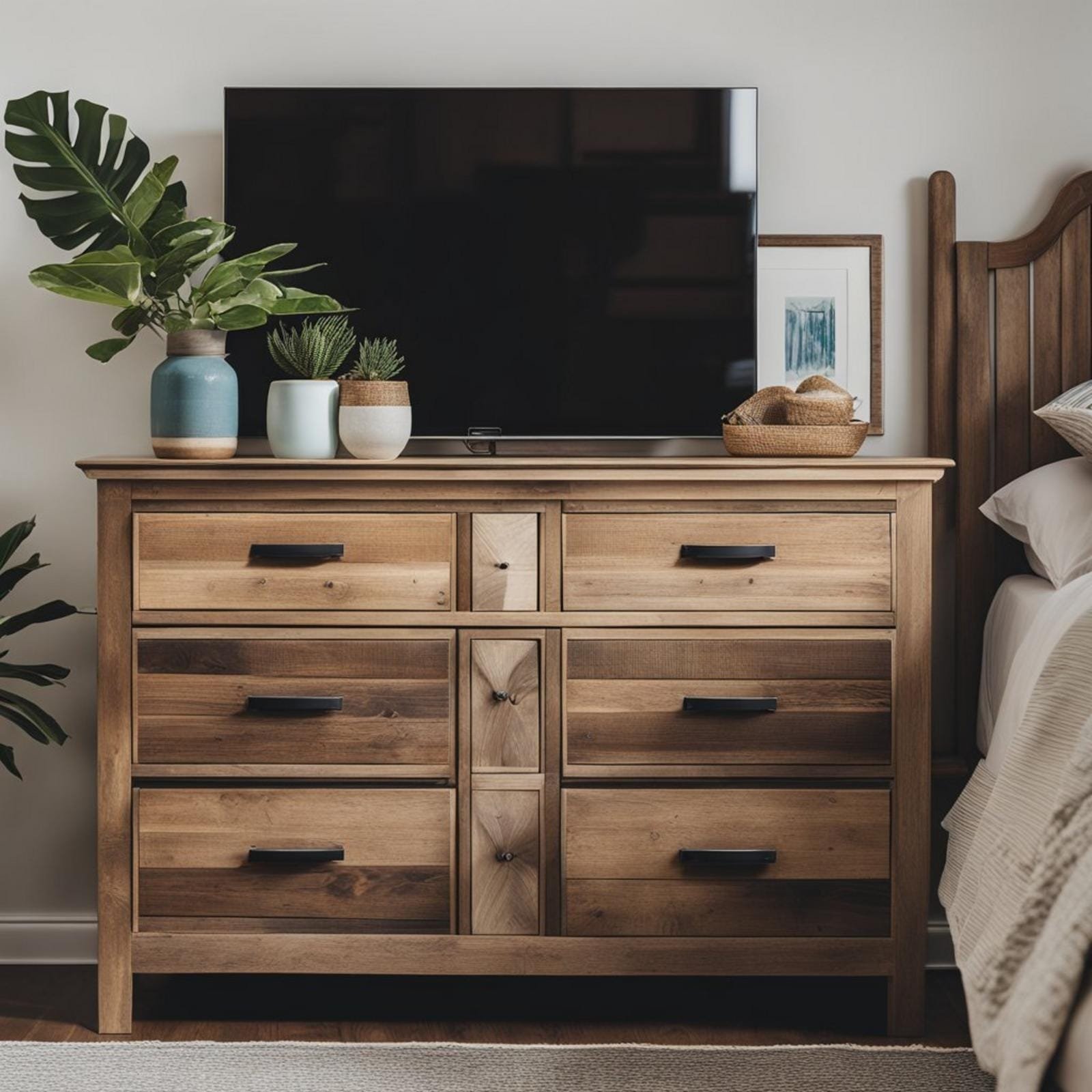 A reclaimed wood dresser sits in a coastal retreat's eclectic bedroom, surrounded by nautical decor and natural textures