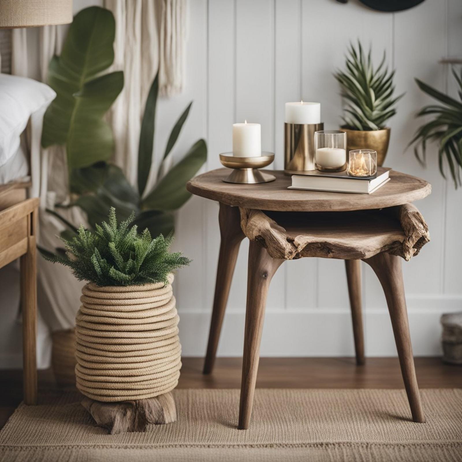A driftwood side table sits in an eclectic coastal retreat bedroom, surrounded by nautical decor and natural textures