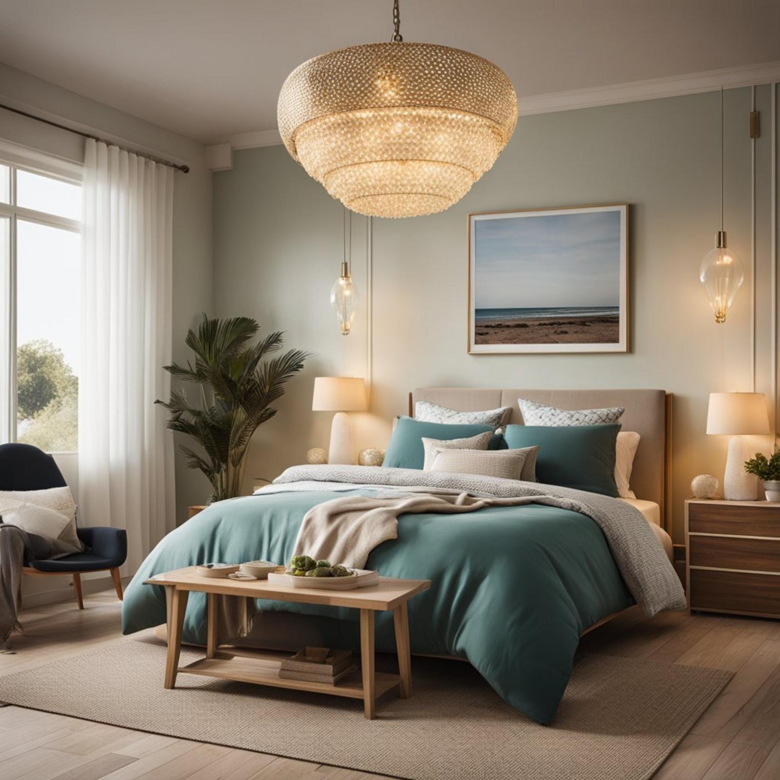 A coastal retreat bedroom with eclectic decor features glass pendant lighting hanging from the ceiling, casting a warm and inviting glow