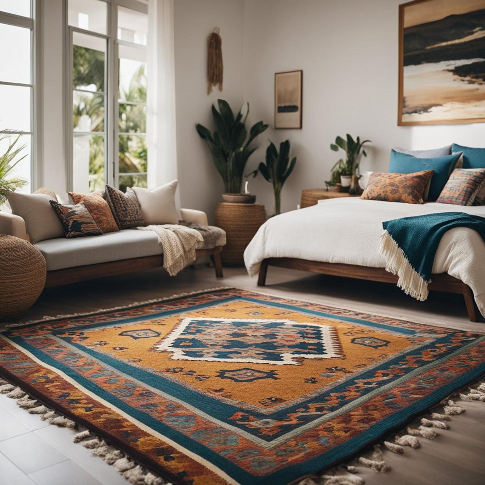A Turkish Kilim rug anchors an eclectic bedroom in a coastal retreat