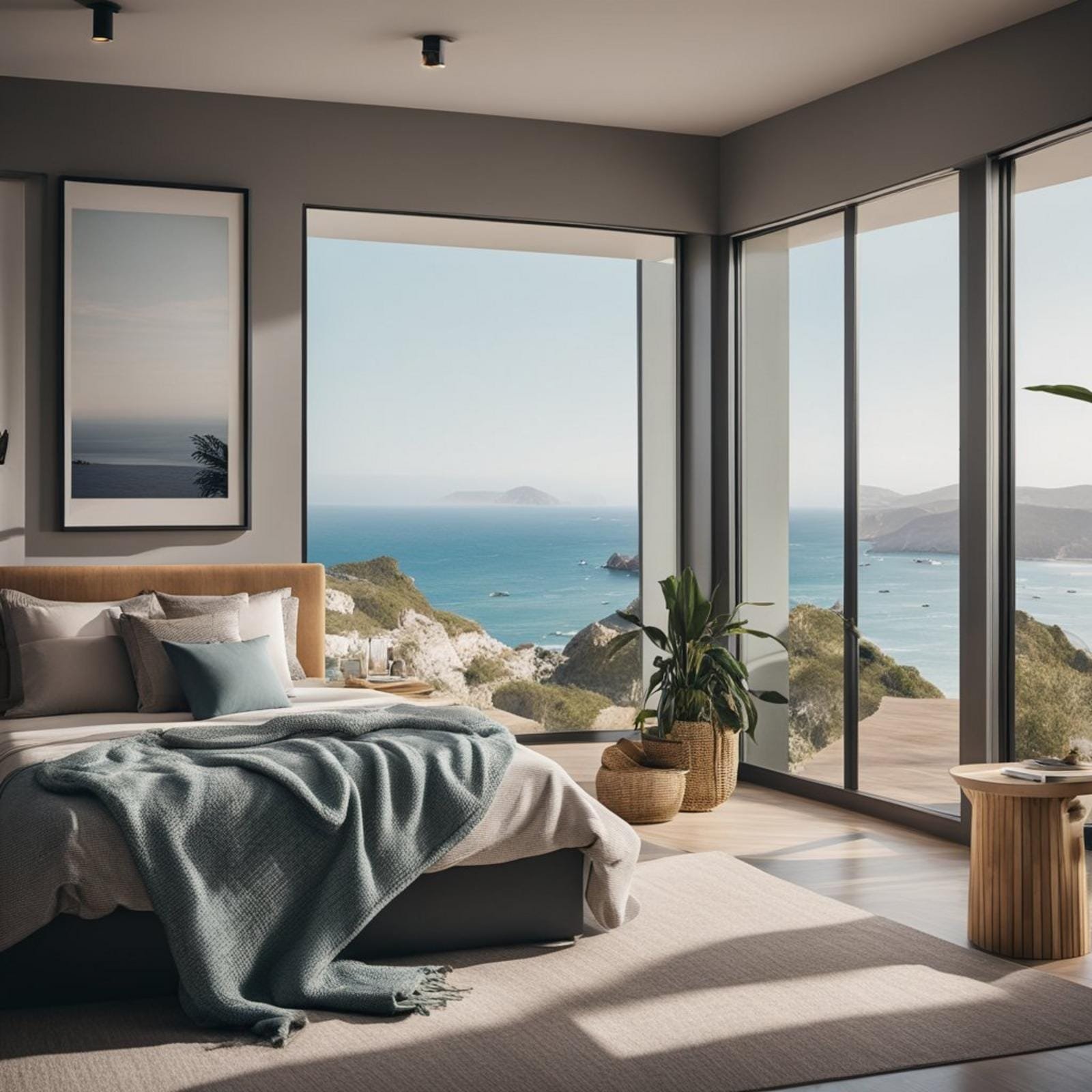 A cozy bedroom with a framed seascape art on the wall, overlooking a coastal retreat with eclectic decor