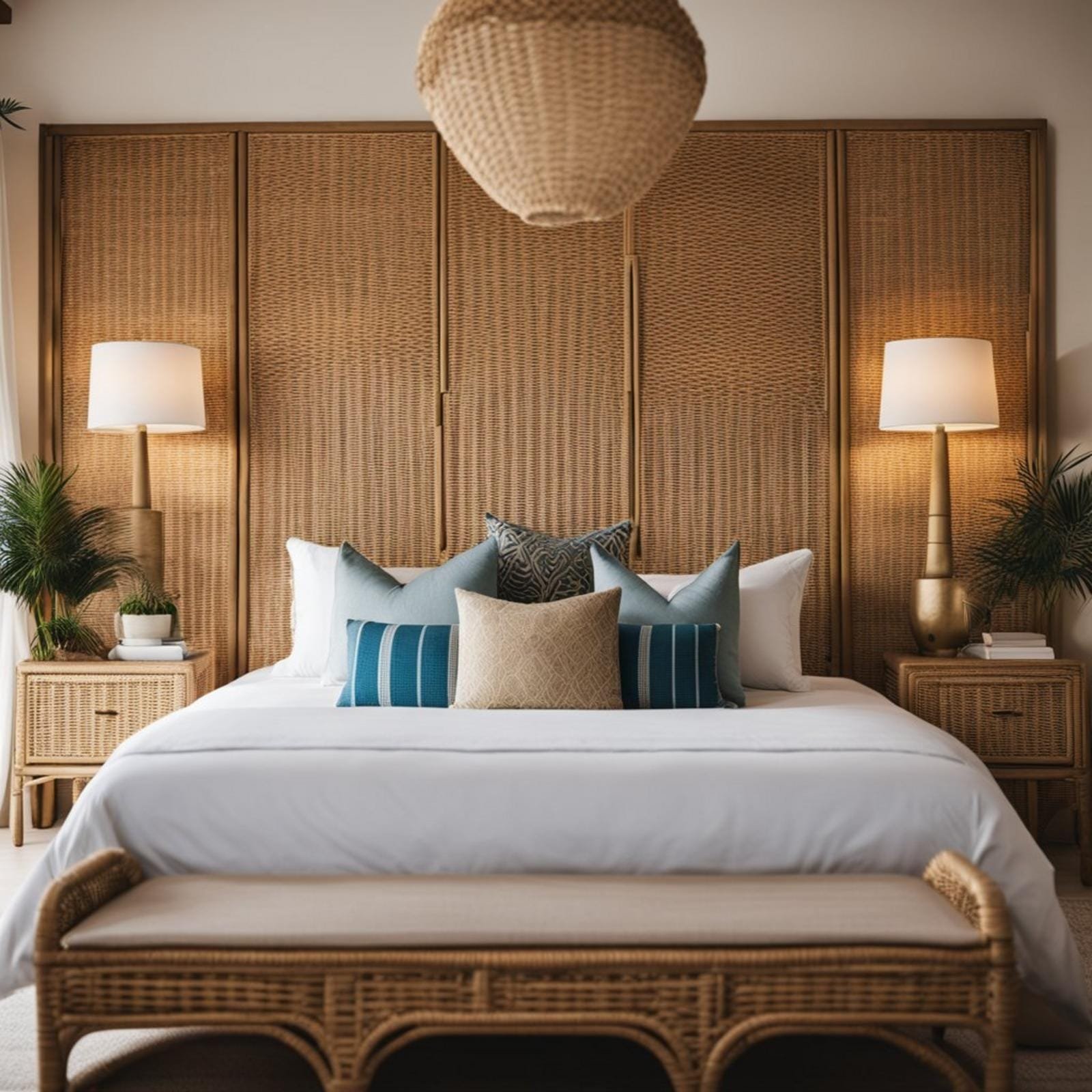 A coastal retreat bedroom with an eclectic style features a wicker rattan headboard as the focal point of the room